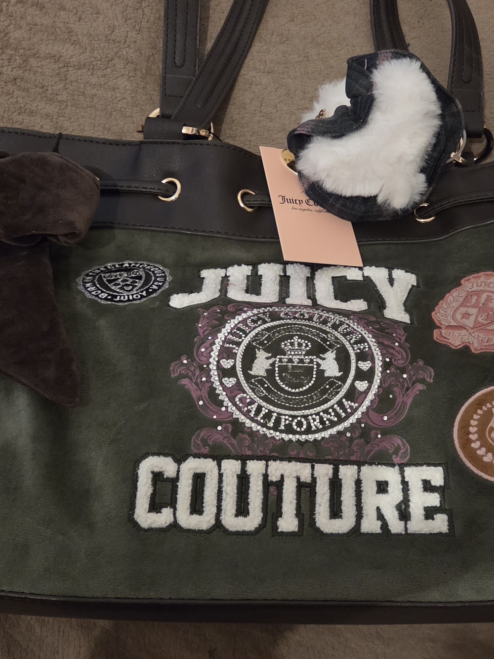 Juicy Couture Olive Green and Black Embroidered Logo Tote with Shearling Charm